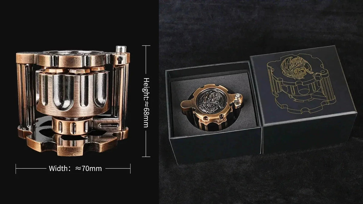Revolver Metal Bullet Dice Set – Logo – A unique revolver bullet dice set, featuring a black dice case designed to fit