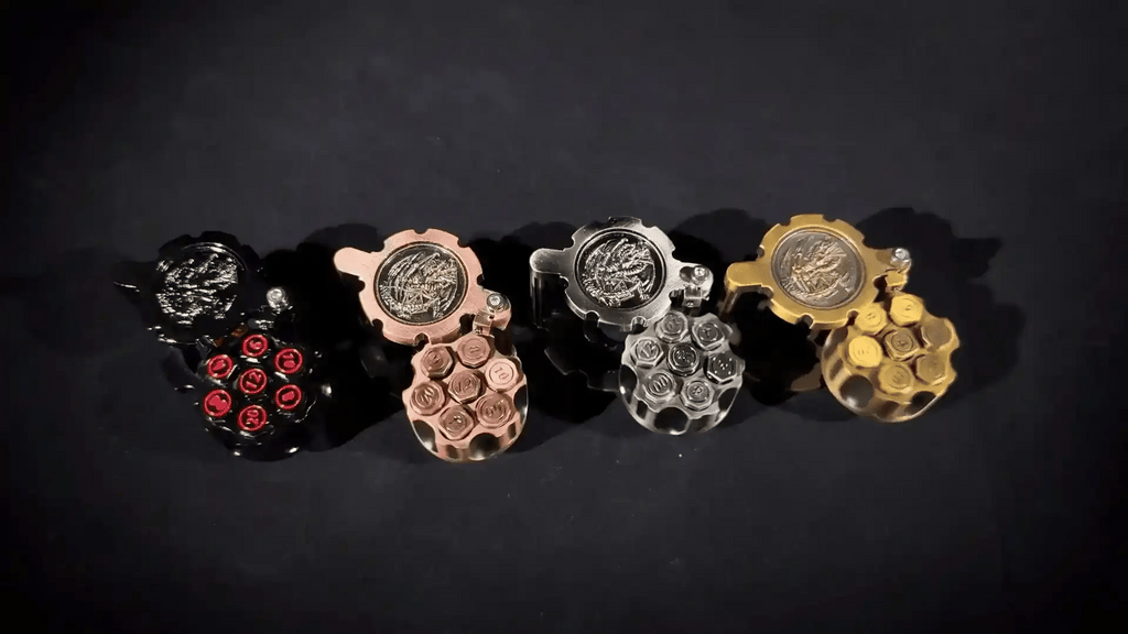 Revolver Metal Bullet Dice Set – Spinner – Four different colored revolver bullet dice sets (Antique Nickel, Antique