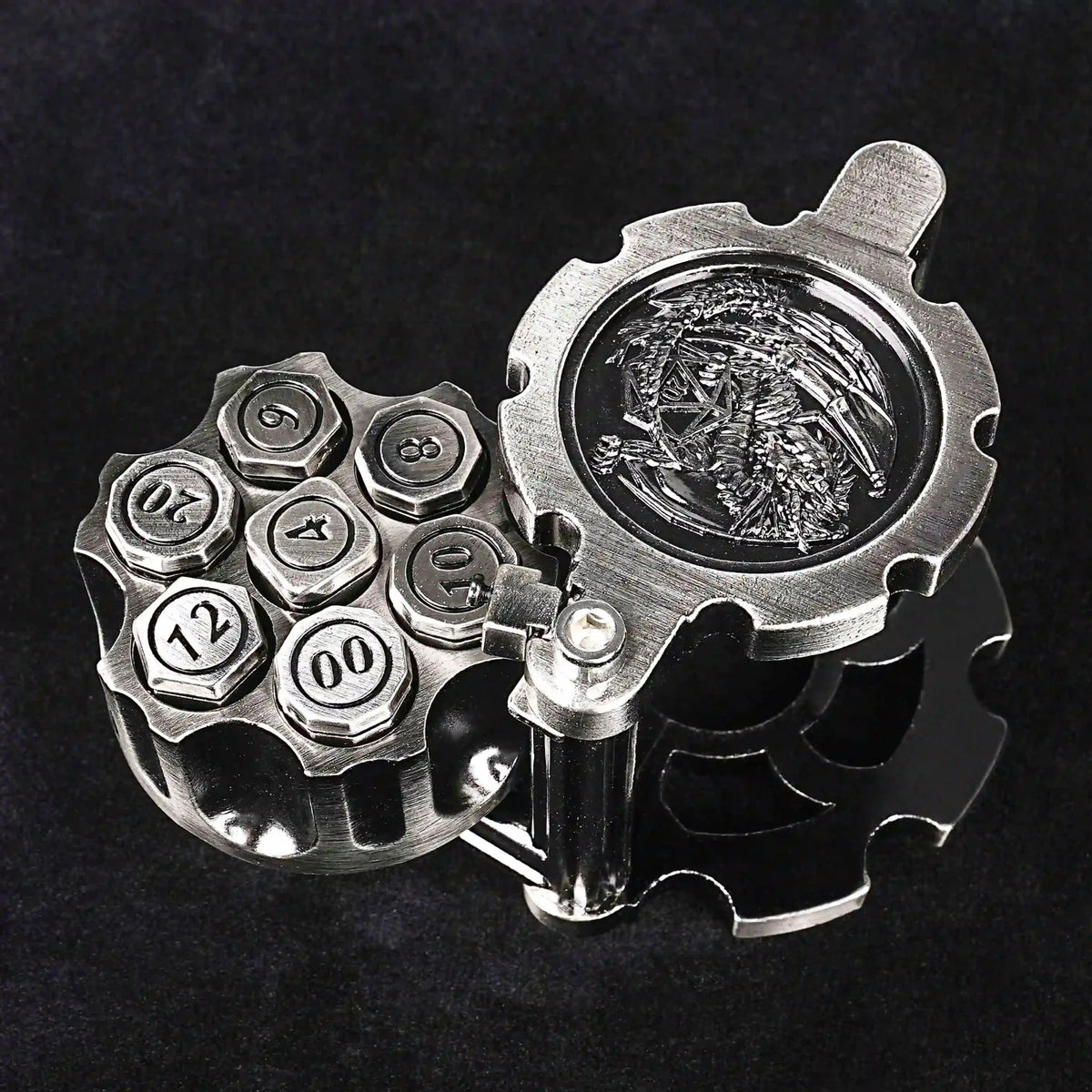 Revolver Metal Bullet Dice Set – Spinner – Unique DND Revolver Bullet Dice Set: Antique Nickel Revolver Dice Rotating