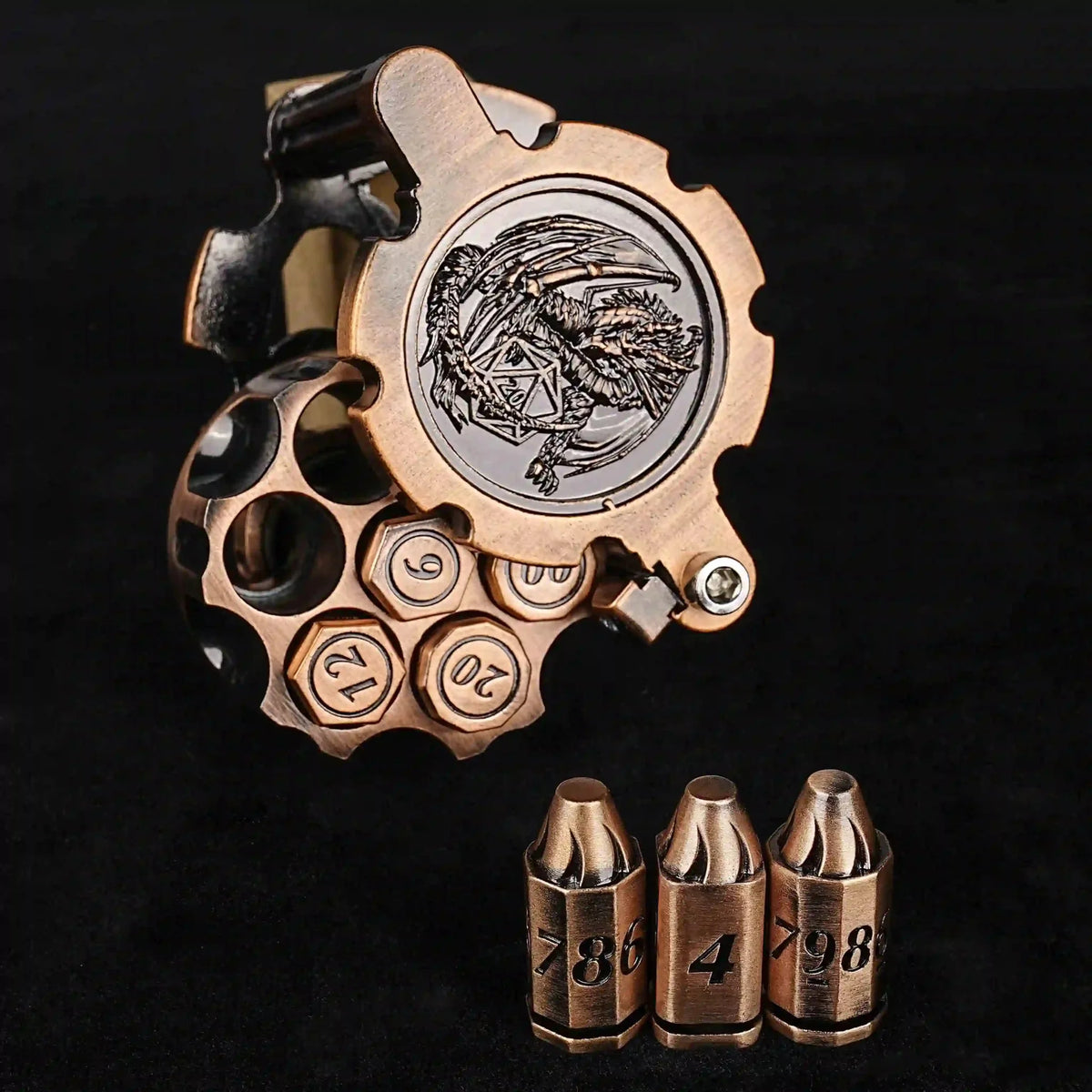 Revolver Metal Bullet Dice Set – Spinner – Unique DND Revolver Bullet Dice Set: Antique Red Copper Revolver Dice Rotary