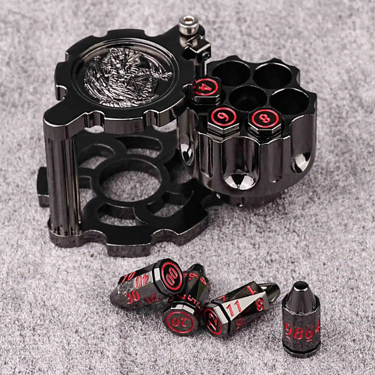 Revolver Metal Bullet Dice Set – Spinner – Unique DND Revolver Bullet Dice Set: Black nickel revolver dice rotating