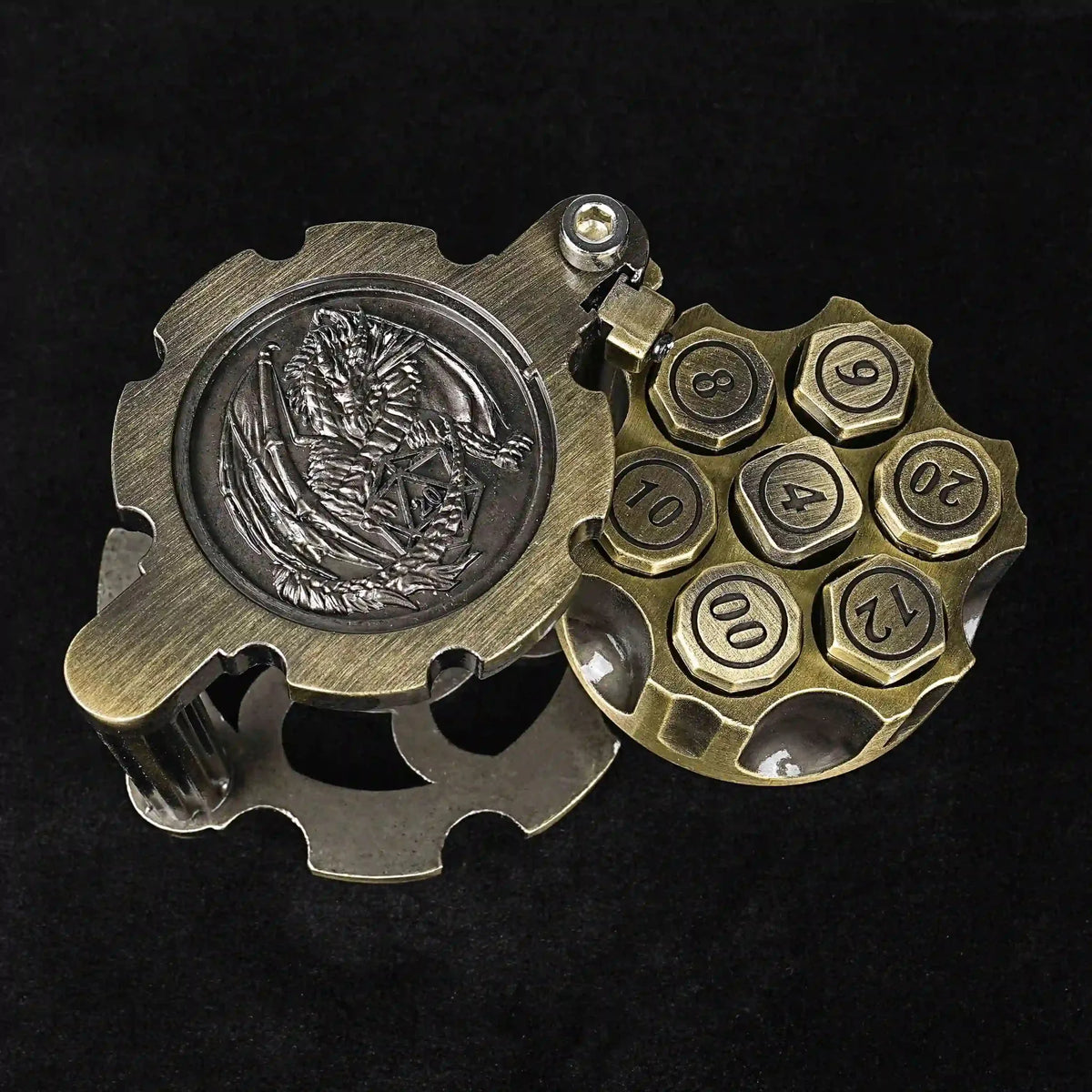 Revolver Metal Bullet Dice Set – Spinner – Unique DND Revolver Bullet Dice Set: Bronze Revolver Dice Rotating Magazine