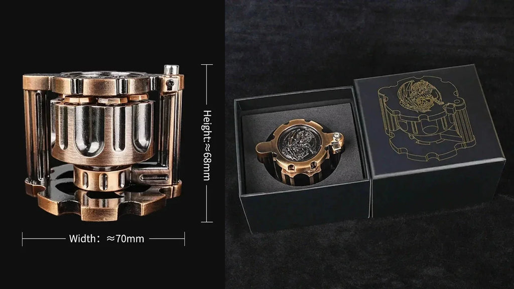 Revolver Metal Bullet Dice Set – Spinner – A unique revolver bullet dice set, featuring a black dice case designed to