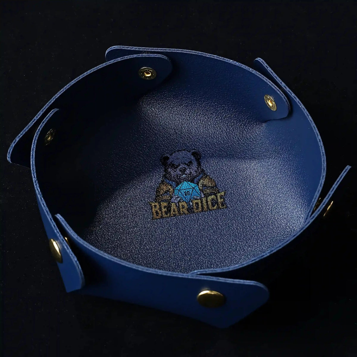 Round Leather Dice Tray – Button Closure – Blue snap-on semi-circular leather DND dice tray with logo