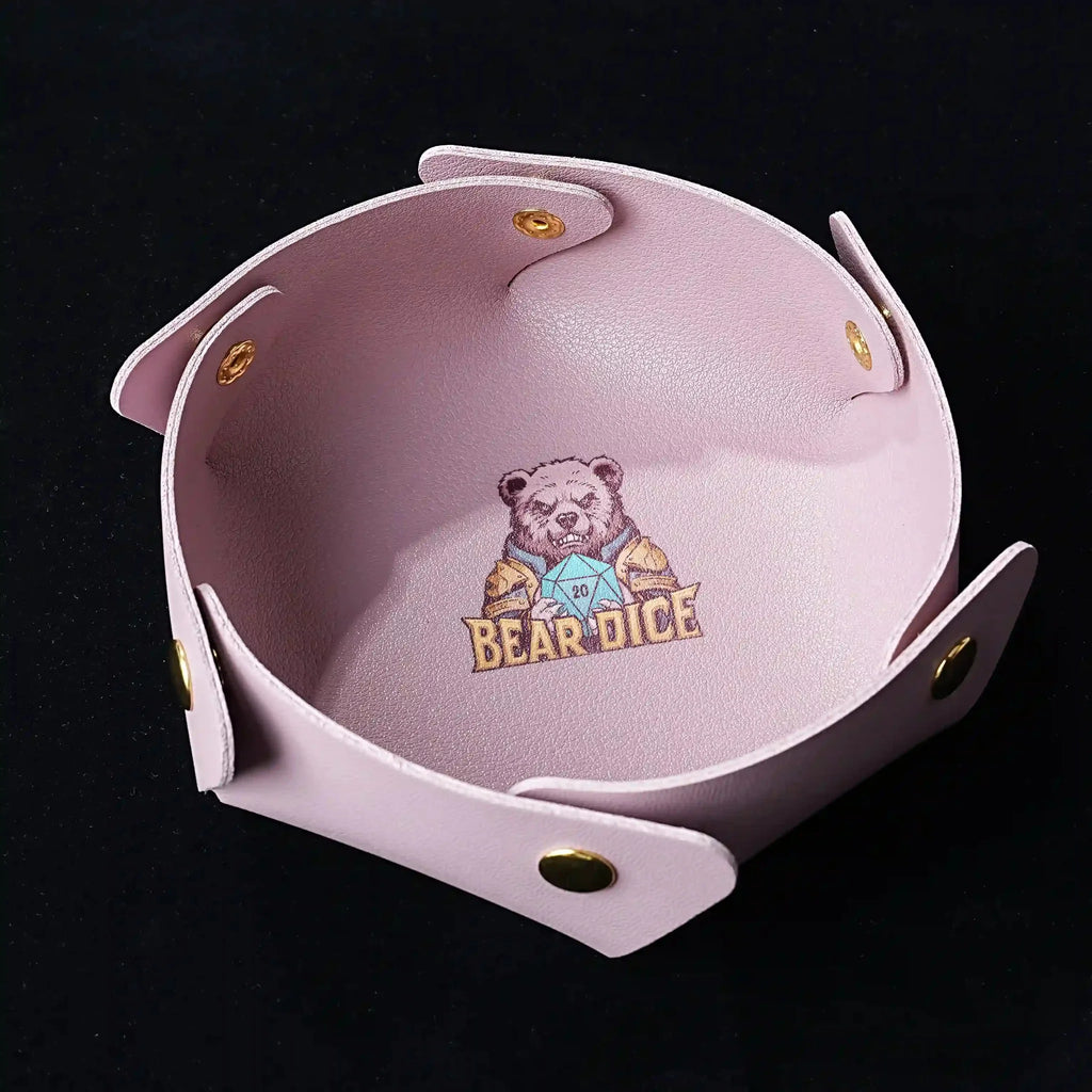 Round Leather Dice Tray – Button Closure – Pink snap-on semi-circular leather DND dice tray with logo