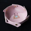 Round Leather Dice Tray – Button Closure – Pink snap-on semi-circular leather DND dice tray with logo