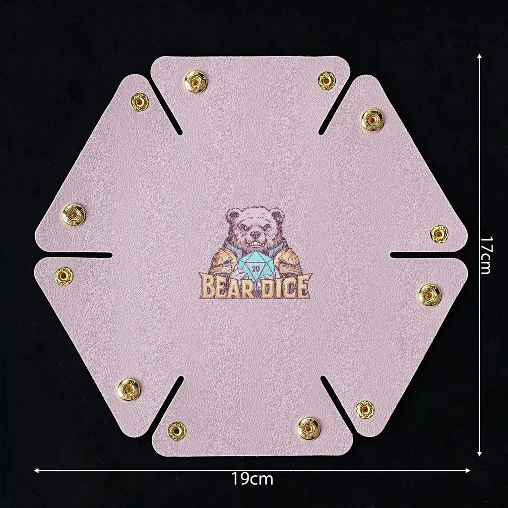Round Leather Dice Tray – Button Closure – Pink snap-on semi-circular leather DND dice tray measures 19cm long and 17cm