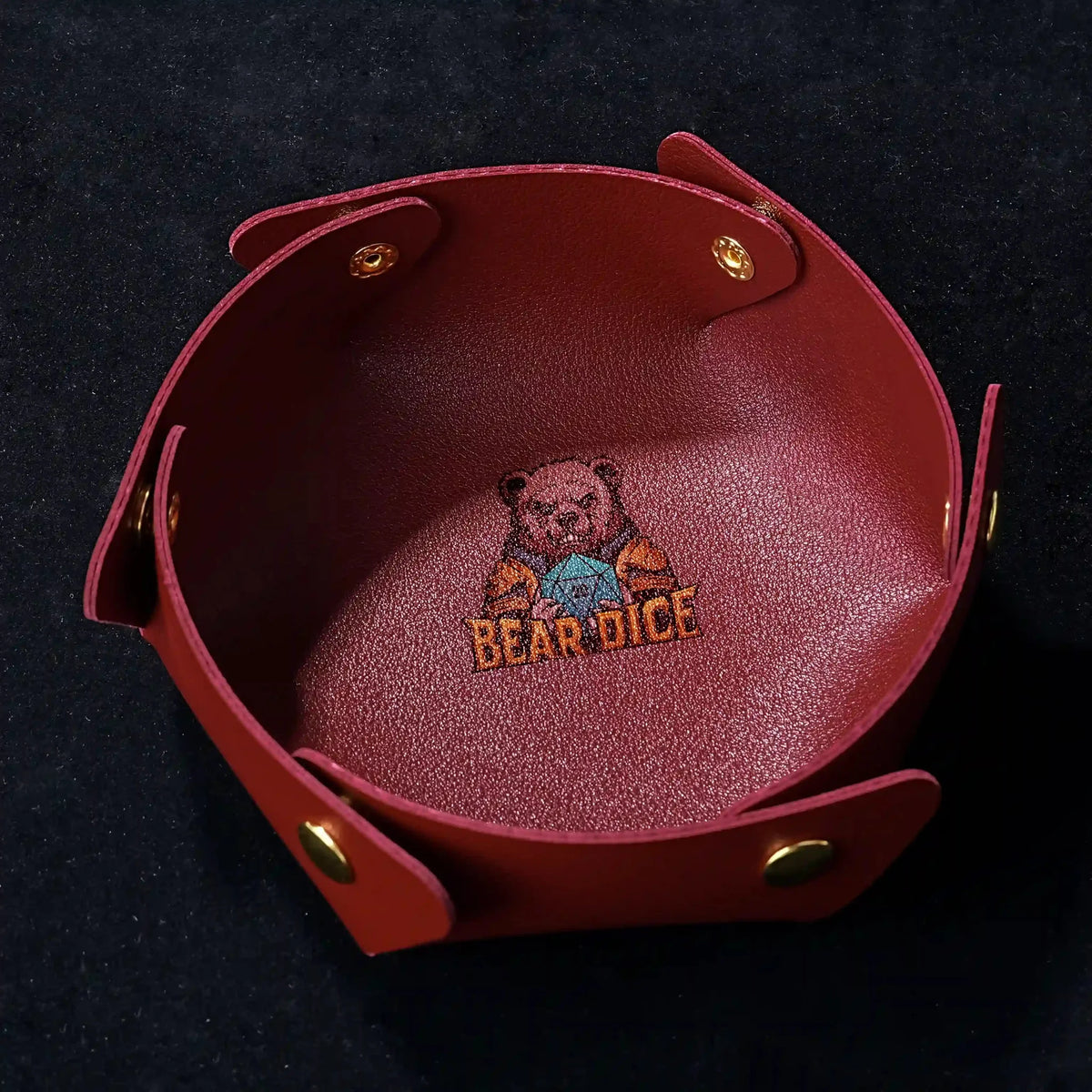 Round Leather Dice Tray – Button Closure – Red snap-on semi-circular leather DND dice tray with logo