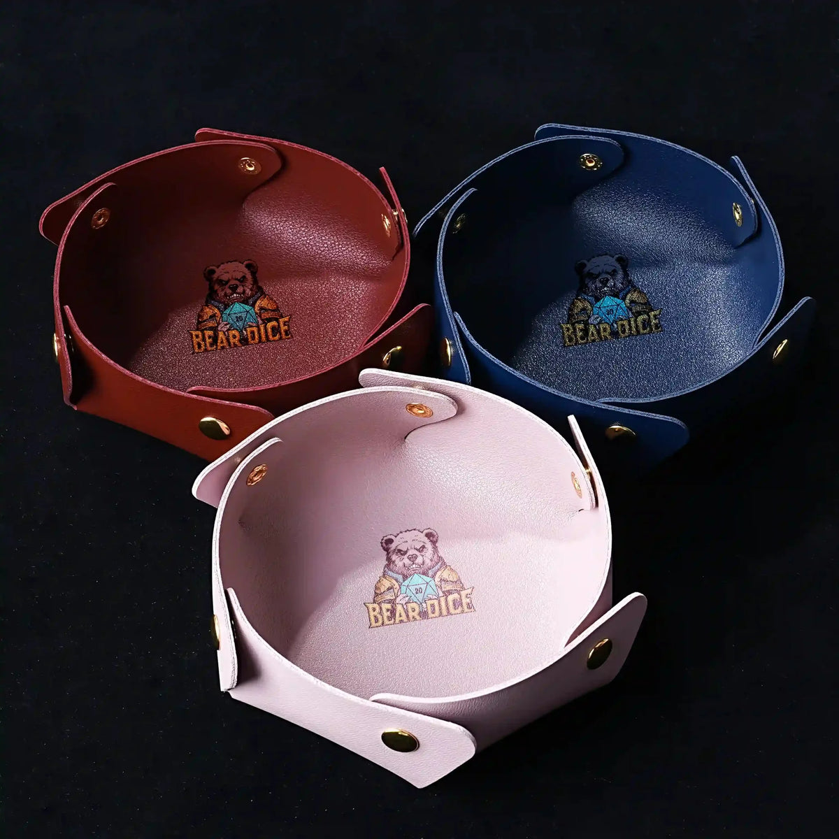 Round Leather Dice Tray – Button Closure – Three snap-on semi-circular leather DND dice trays with the logo, in red