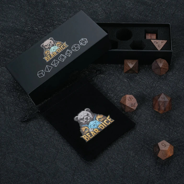Sandalwood Acrylic DND Dice Set – Purple Sandalwood Dice Set, includes a black velvet drawstring dice bag and a black