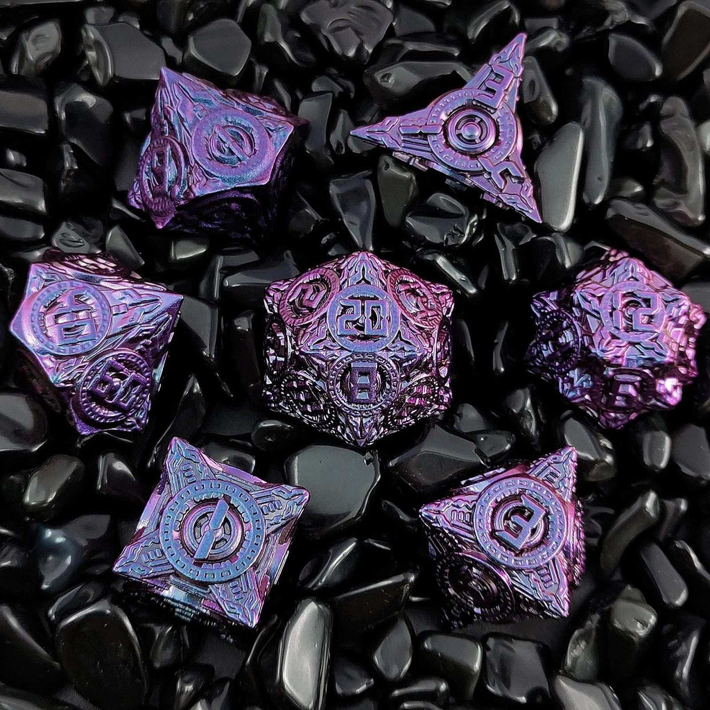 Saucer Mechanical Metal DND Dice Set – Disc Element Solid Metal DND Dice Set Gradient Purple Blue