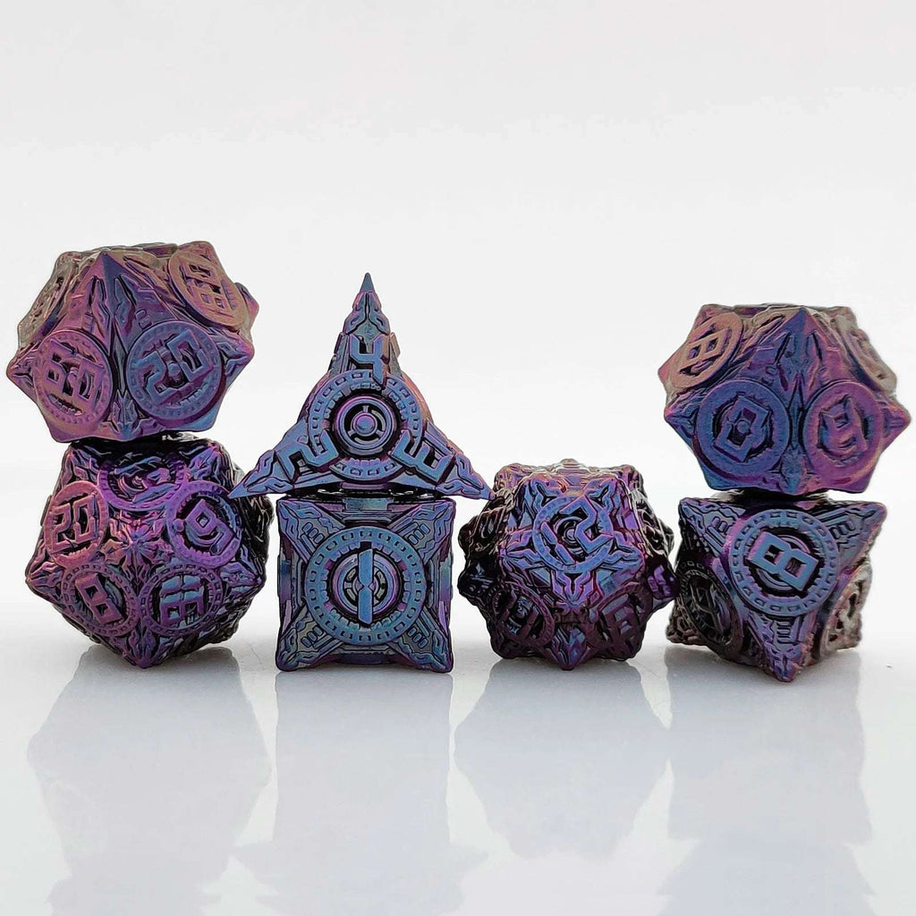 Saucer Mechanical Metal DND Dice Set – Disc Element Solid Metal DND Dice Set Gradient Purple Blue