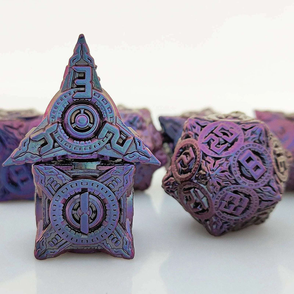 Saucer Mechanical Metal DND Dice Set – Disc Element Solid Metal DND Dice Set Gradient Purple Blue