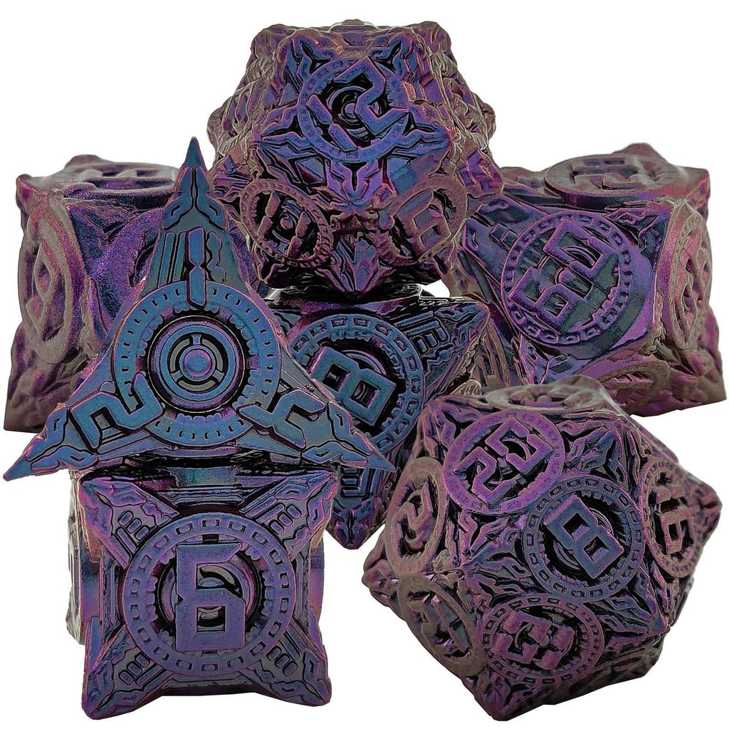 Saucer Mechanical Metal DND Dice Set – Disc Element Solid Metal DND Dice Set Gradient Purple Blue