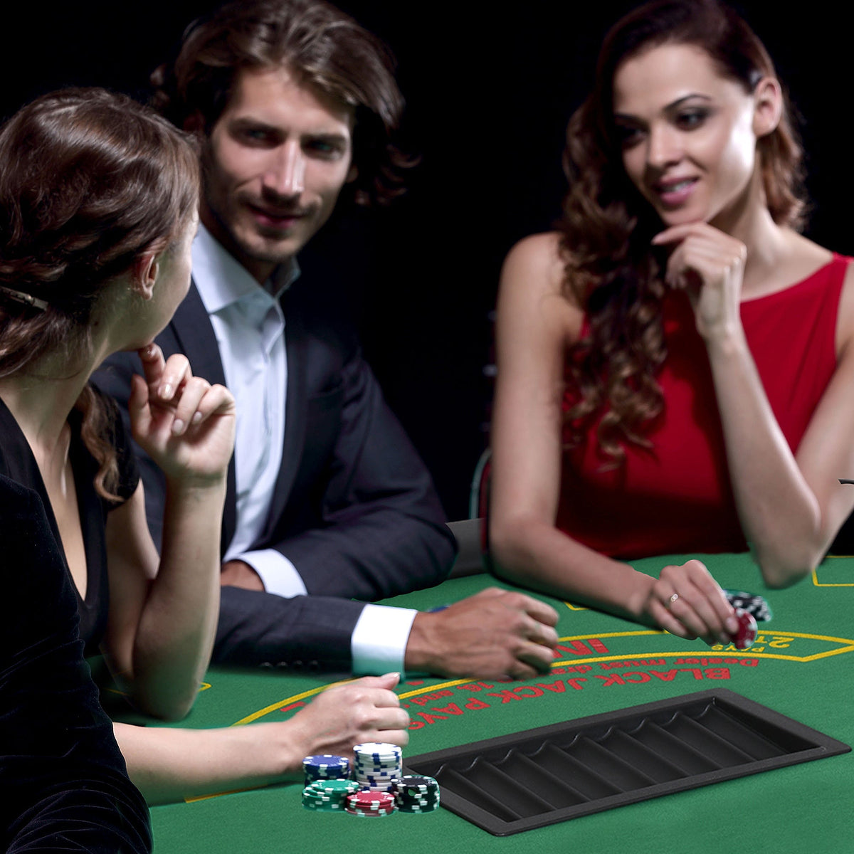 Blackjack Gaming Table – Oval Board – Semi-Oval Green Felt 7-Player Blackjack Table – Players Enjoying Casino Game Night