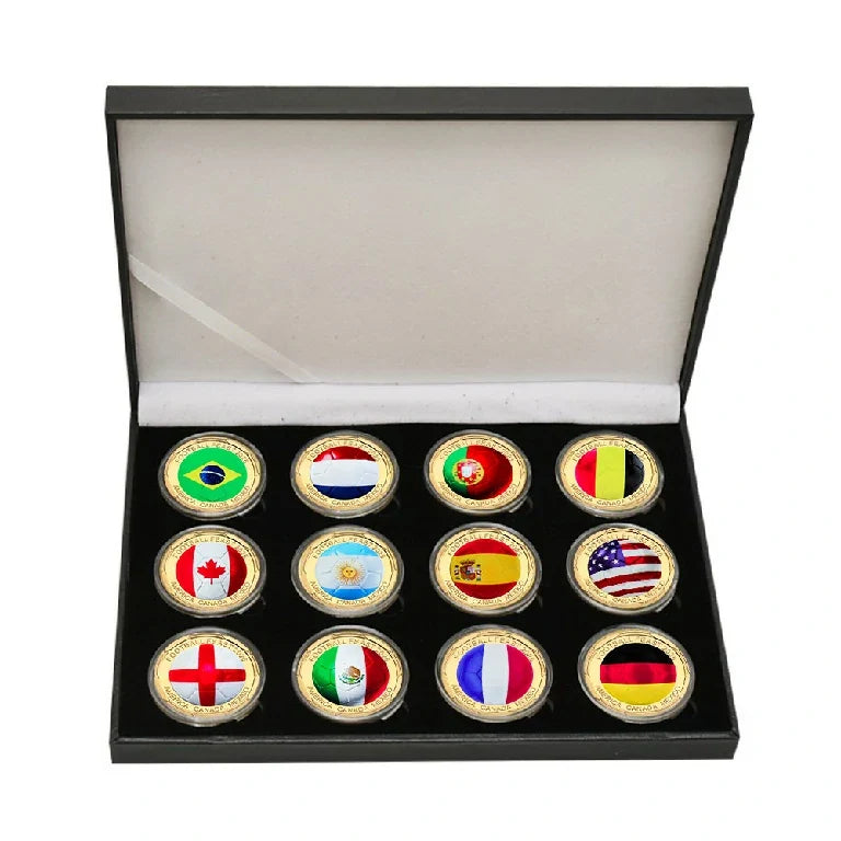 Custom Game Badge – Flag Commemorative – Set of 12 World Cup Soccer Flag Metal Commemorative Coins with Black Storage