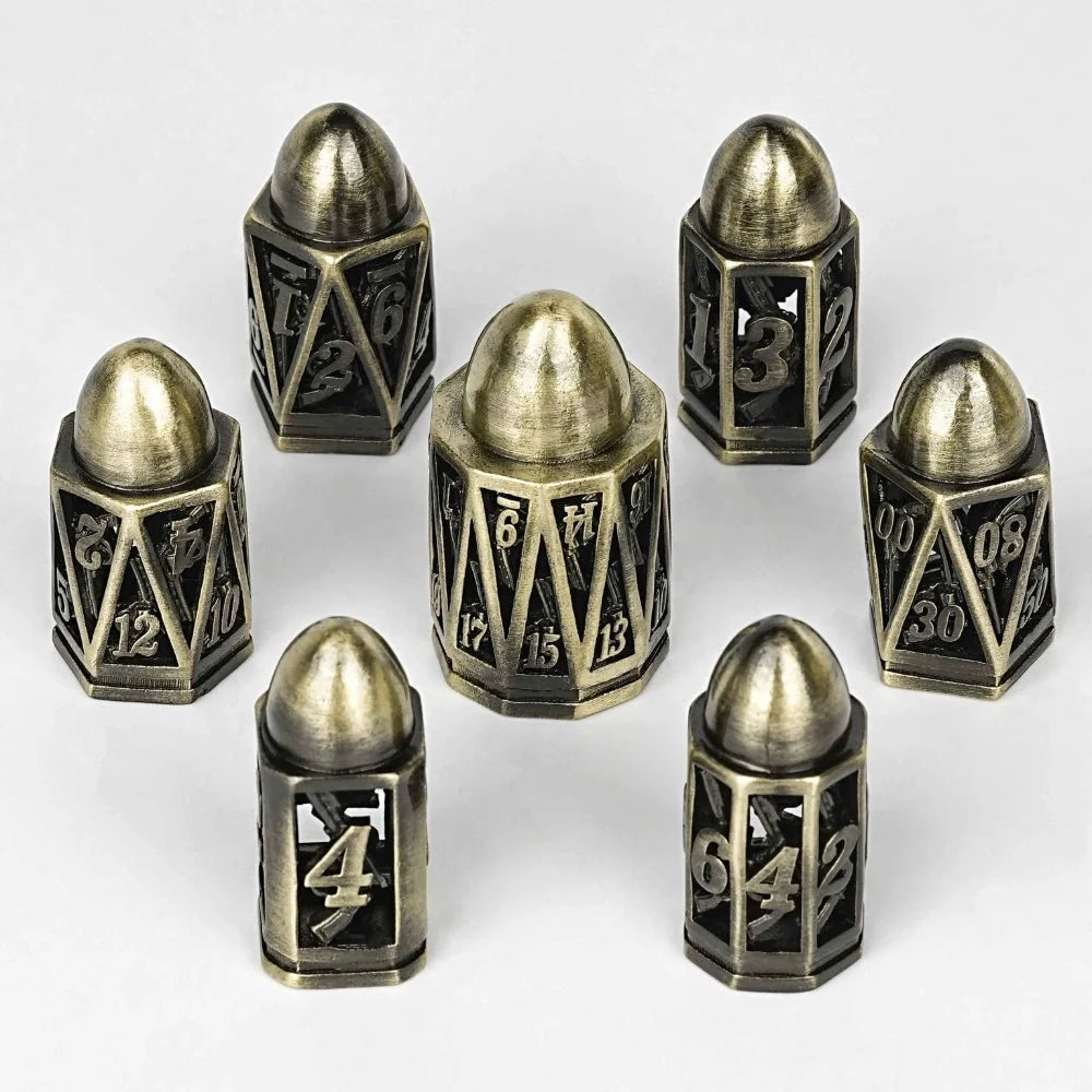 Shaped Metal Bullet Dice Set – Cool DND polyhedron metal hollow pistol bullet dice set