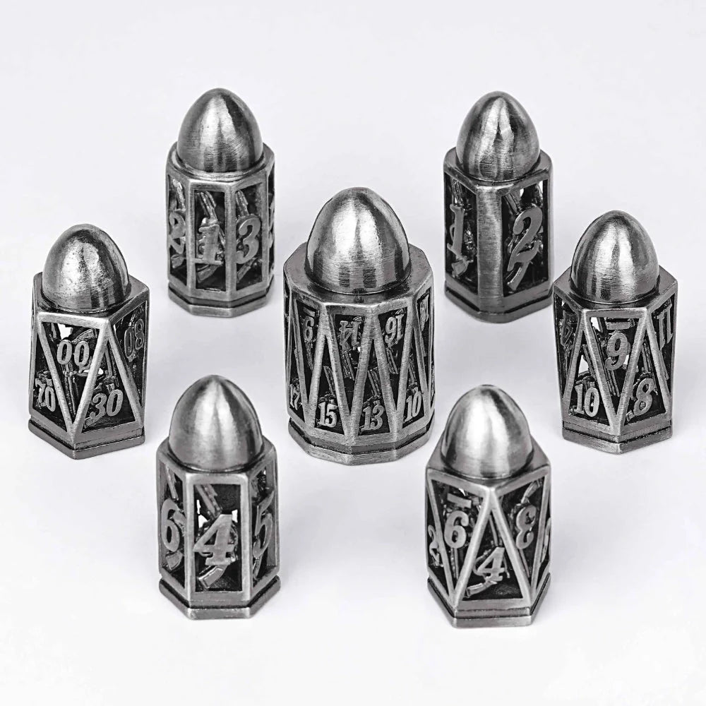 Shaped Metal Bullet Dice Set – Cool DND polyhedron metal hollow pistol bullet dice set