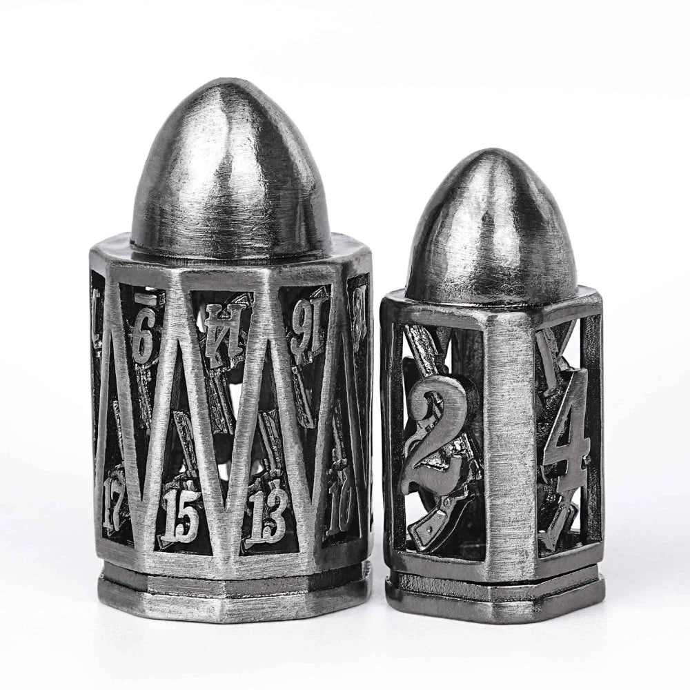 Shaped Metal Bullet Dice Set – Cool DND polyhedron metal hollow pistol bullet dice set