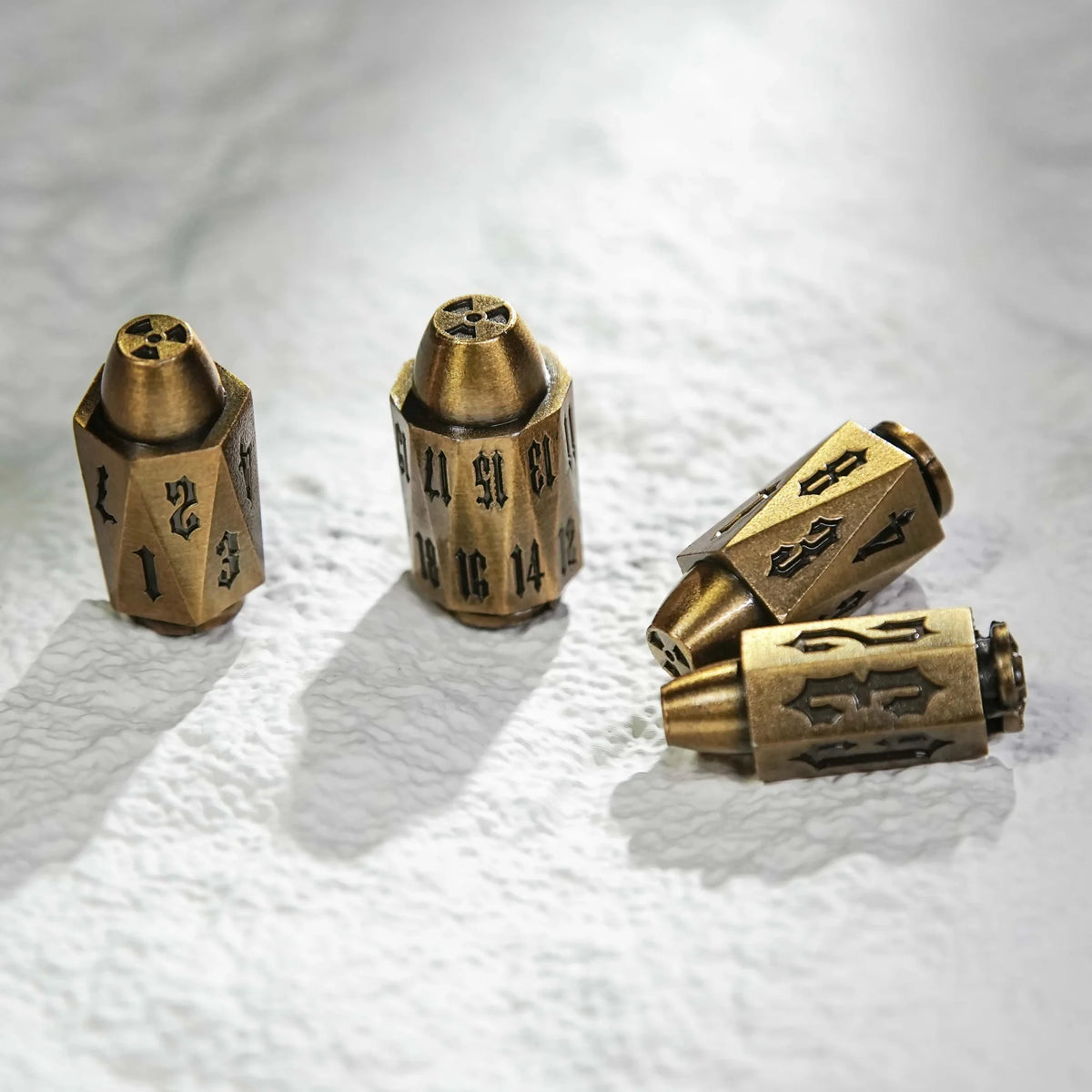 Shaped Polyhedron Metal Bullet Dice Set – Cool antique gold polyhedron DND metal bullet dice set, Umbrella logo bullet