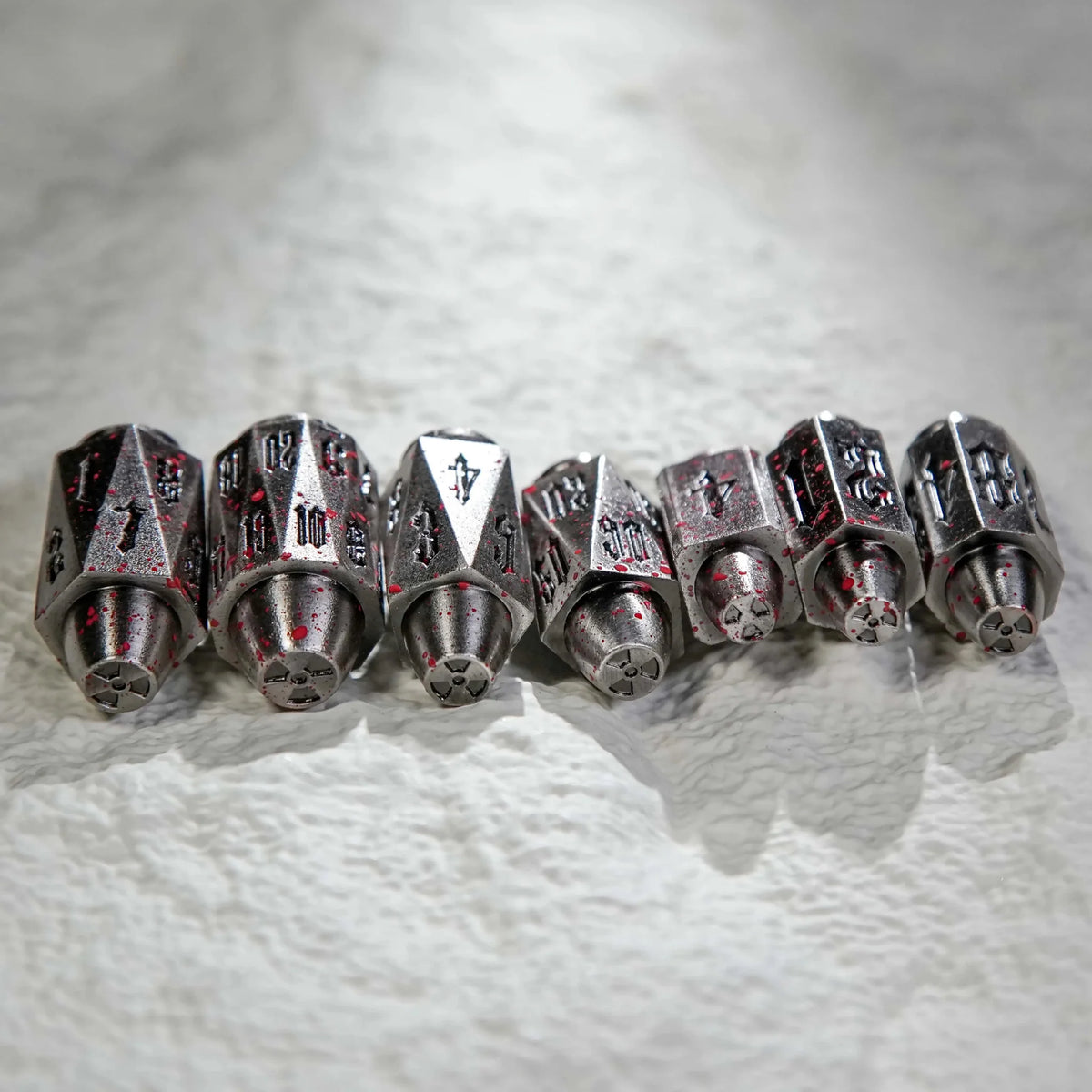 Shaped Polyhedron Metal Bullet Dice Set – Cool bloodstained polyhedron DND metal bullet dice set, Umbrella logo bullet