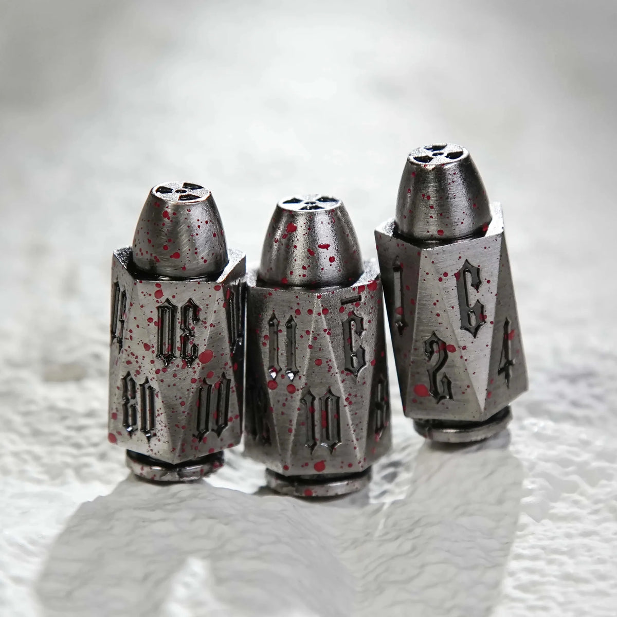 Shaped Polyhedron Metal Bullet Dice Set – Cool Bloodstained Polyhedron DND Silver Metal Bullet D12, D10, and D8 Dice