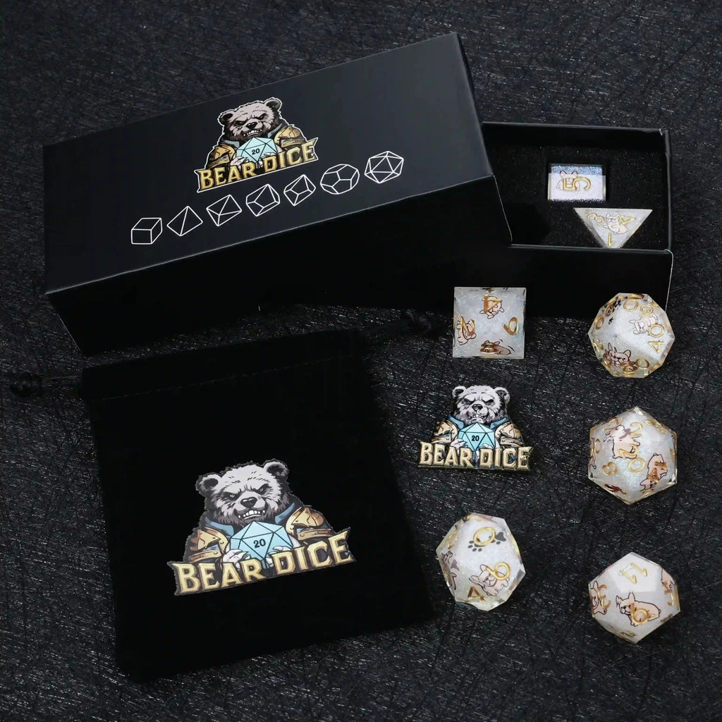 Dog Resin DND Dice Set – French Bulldog – Kickstarter Dice – Sharp-Edged Bulldog DND Dice Set with Gold Numbers, comes