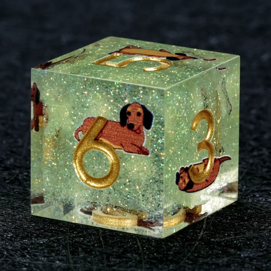 Star Resin DND Dice Set – Legends Dachshund – Kickstarter Dice – Handcrafted Sharp-Edged Green Glitter Resin Dachshund