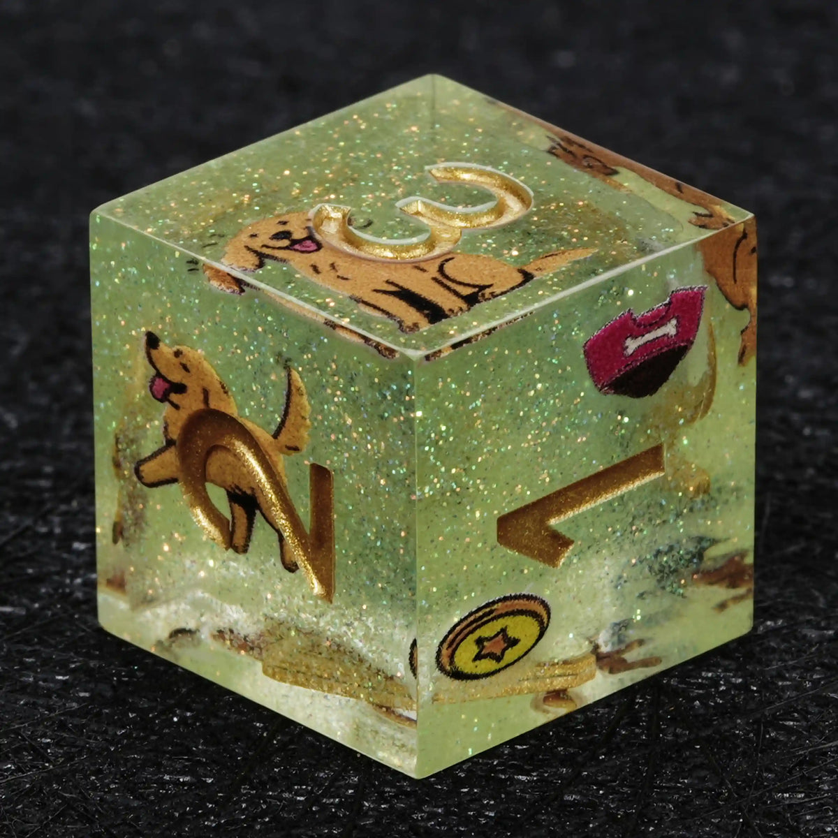 Star Resin RPG Dice Set – Legends Retriever – Kickstarter Dice – Sharp-Edged Green Glitter Resin Golden Retriever DND