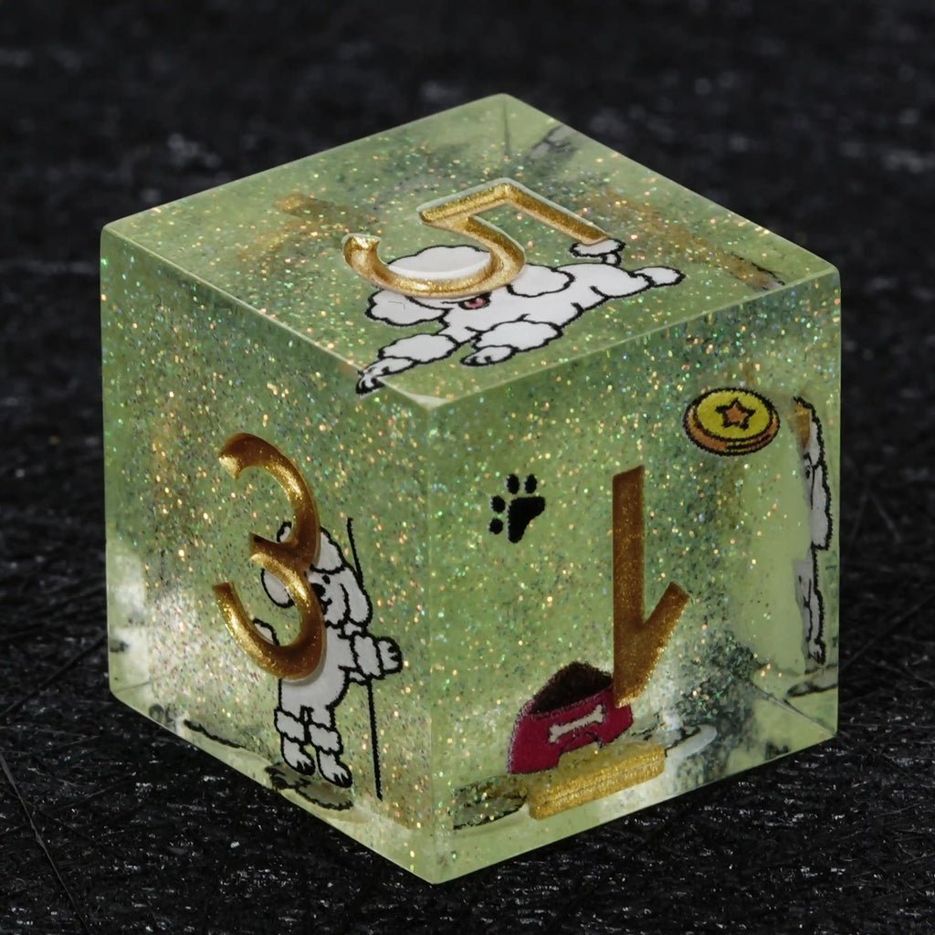 Star Resin DND Dice Set – Legends Poodle – Kickstarter Dice – Sharp-Edged Green Glitter Resin Poodle DND D6 Dice with