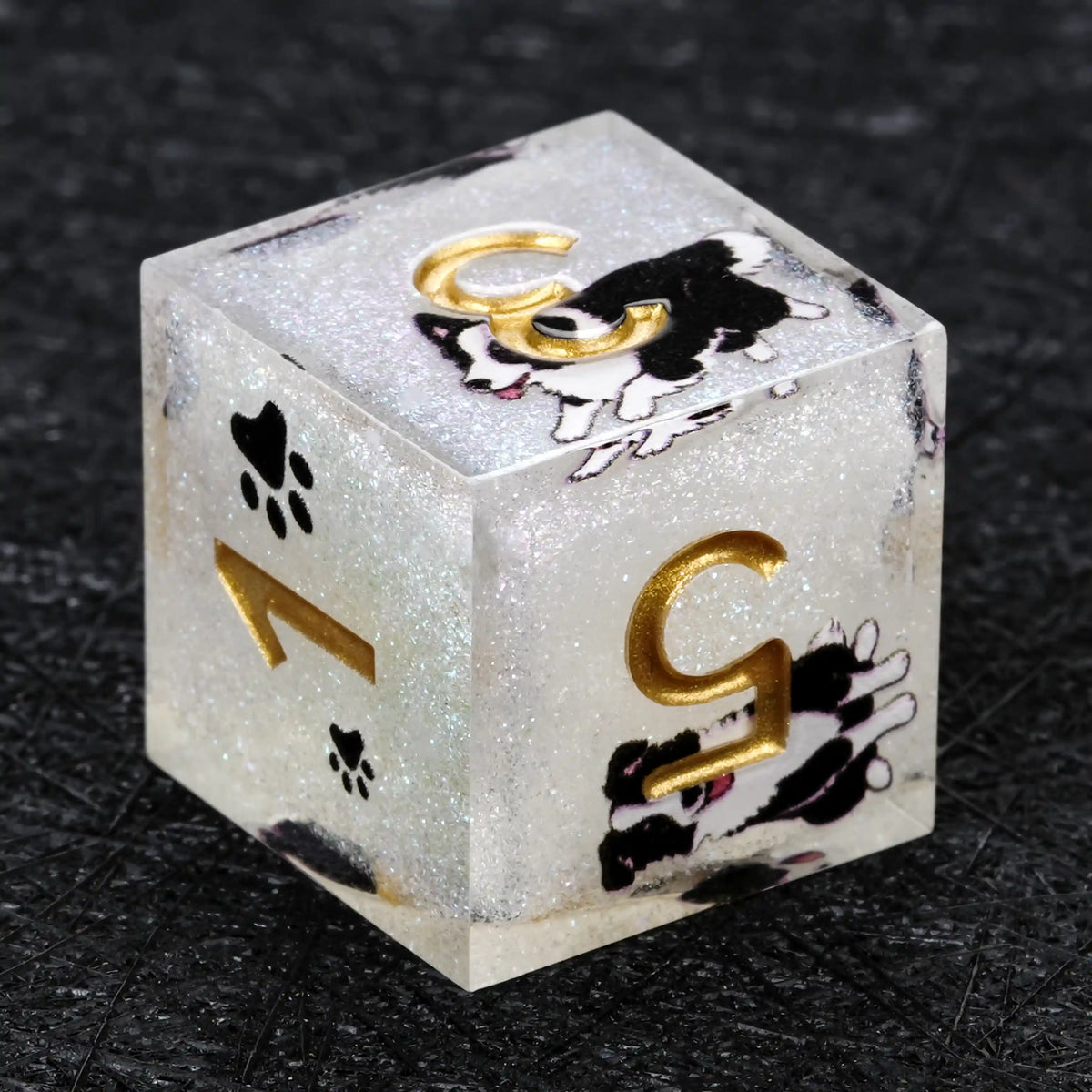 Star Resin DND Dice Set – Border Collie – Kickstarter Dice – Sharp-Edged White Glitter Resin Border Collie DND D6 Dice