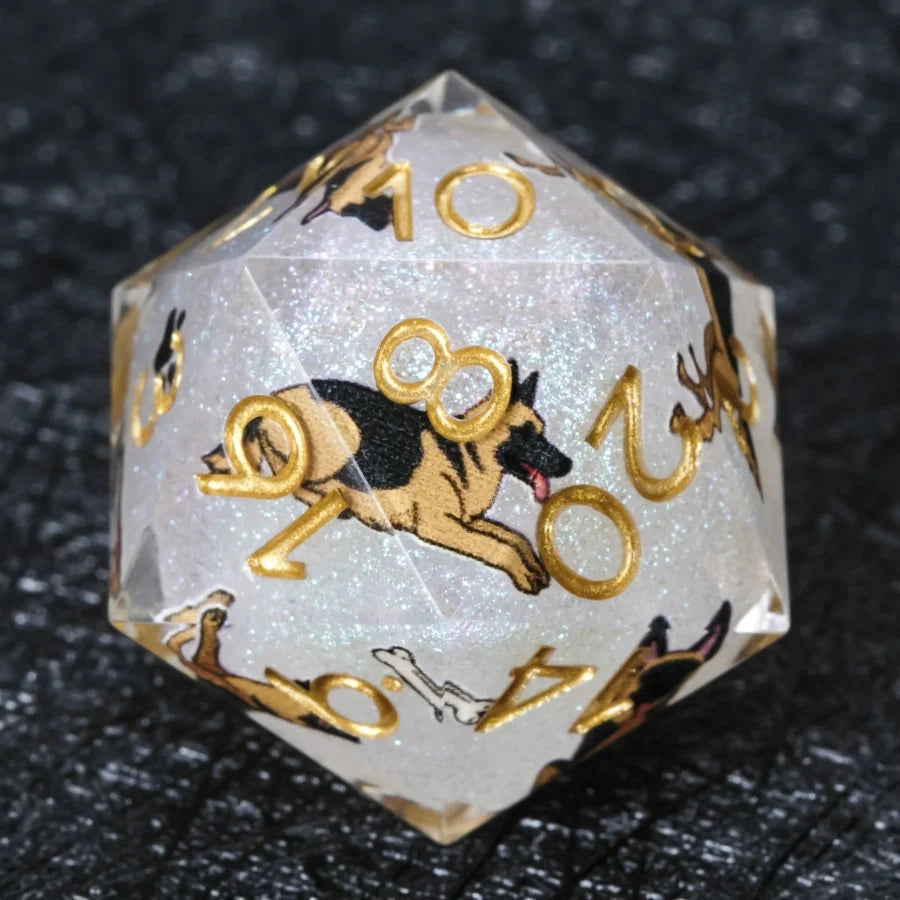 Star Resin DND Dice Set – German Shepherd – Kickstarter Dice – Handcrafted Sharp-Edged White Glitter Resin German