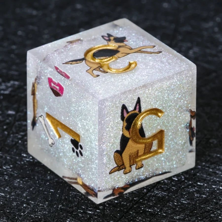 Star Resin DND Dice Set – German Shepherd – Kickstarter Dice – Handcrafted Sharp-Edged White Glitter Resin German