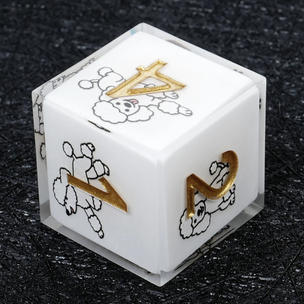 Star Resin DND Dice Set – Legends Poodle – Kickstarter Dice – Sharp-Edged White Resin Poodle DND D6 Dice with Gold