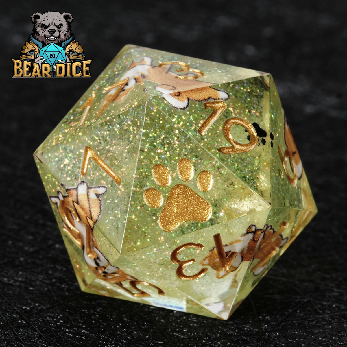 Shiba Inu Resin D20 Dice Set – Glitter – Shiba Inu Green Glitter Resin DND D20 Dice – close-up of single die showing