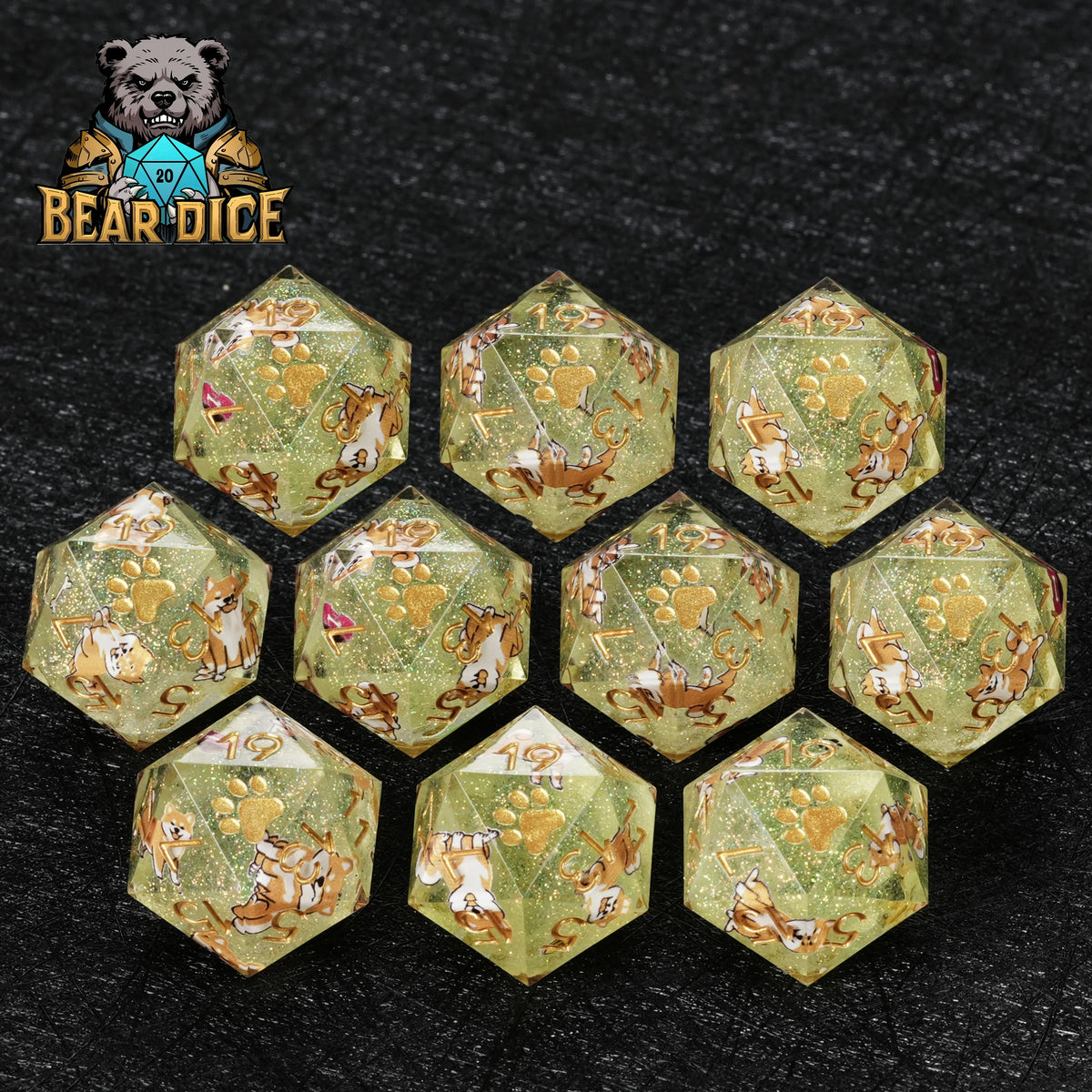 Shiba Inu Resin D20 Dice Set – Glitter – Shiba Inu Green Glitter Resin DND D20 Dice Set – full set of 10 dice arranged