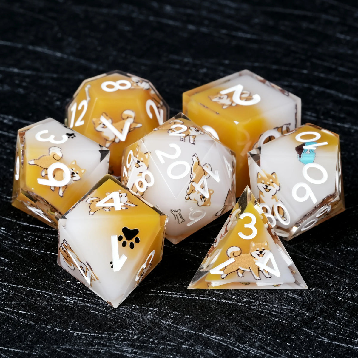 Shiba Inu Resin DND Dice Set – Gold Numbers