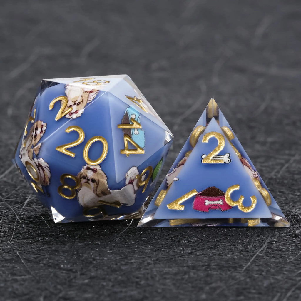 Shih Tzu Resin DND Dice Set – Kickstarter Dice – Blue Resin Shih Tzu DND D20 and D4 Dice