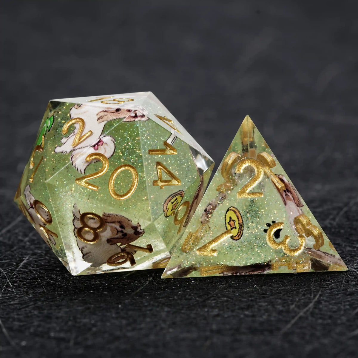 Shih Tzu Resin DND Dice Set – Kickstarter Dice – Green Glitter Resin Shih Tzu DND D20 and D4 Dice