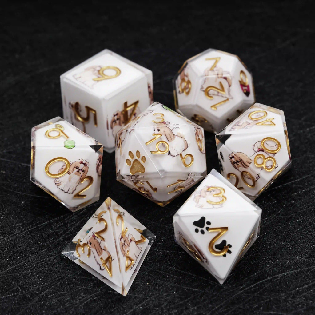Shih Tzu Resin DND Dice Set – Kickstarter Dice – Sharp-Edged White Resin Shih Tzu DND Dice Set