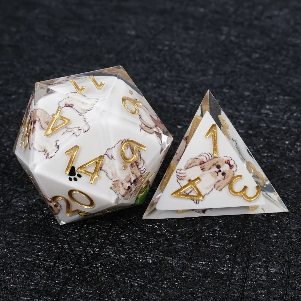 Shih Tzu Resin DND Dice Set – Kickstarter Dice – White Resin Shih Tzu DND D20 and D4 Dice