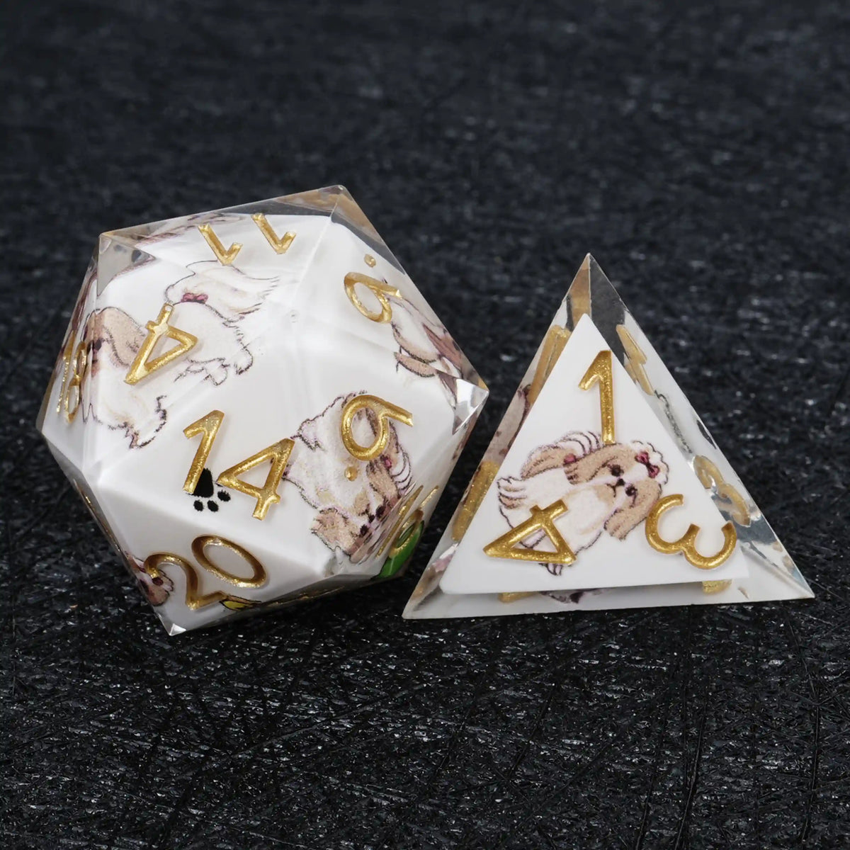 Shih Tzu Resin DND Dice Set – Kickstarter Dice – White Resin Shih Tzu DND D20 and D4 Dice