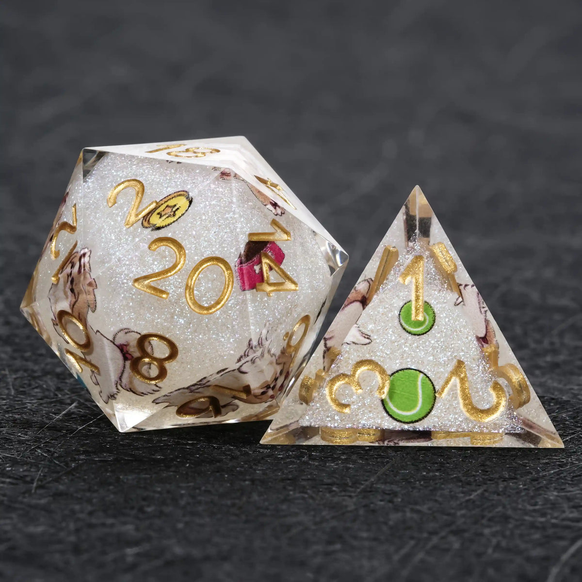 Shih Tzu Resin DND Dice Set – Kickstarter Dice – White Glitter Resin Shih Tzu DND D20 and D4 Dice