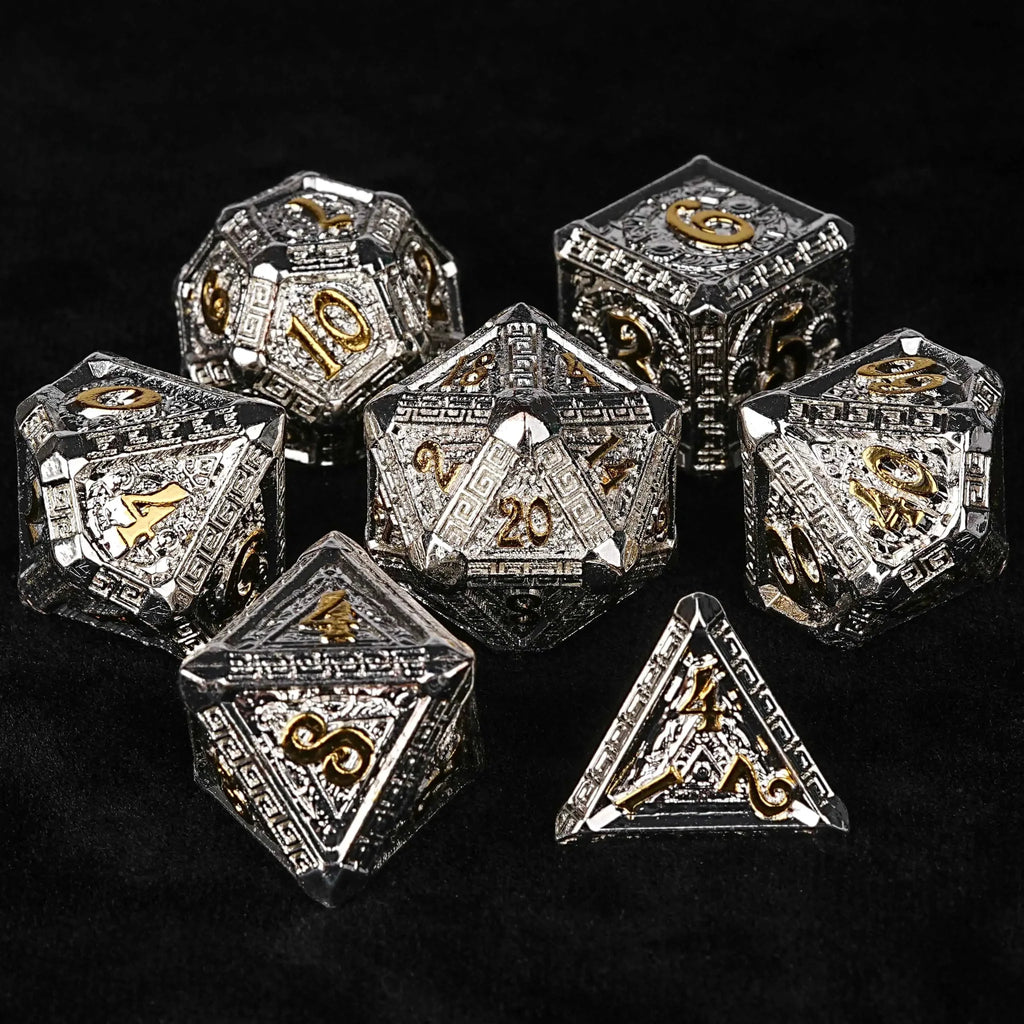 Silver Gold Greek Metal DND Dice Set – Silver and Gold Greek Style Metal DND Dice Set