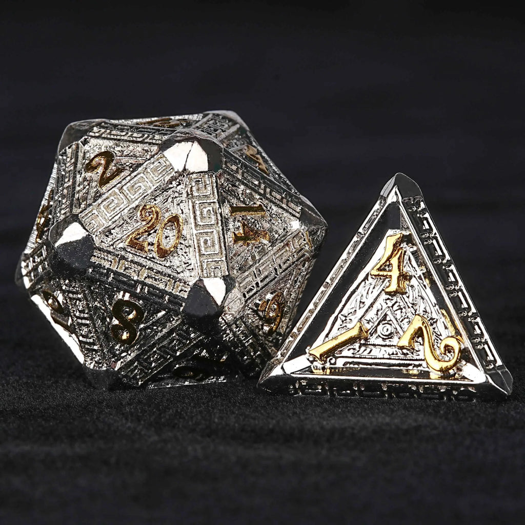 Silver Gold Greek Metal DND Dice Set – Silver and Gold Greek Style Metal DND Dice Set