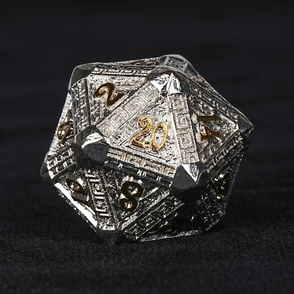 Silver Gold Greek Metal DND Dice Set – Silver and Gold Greek Style Metal DND Dice Set