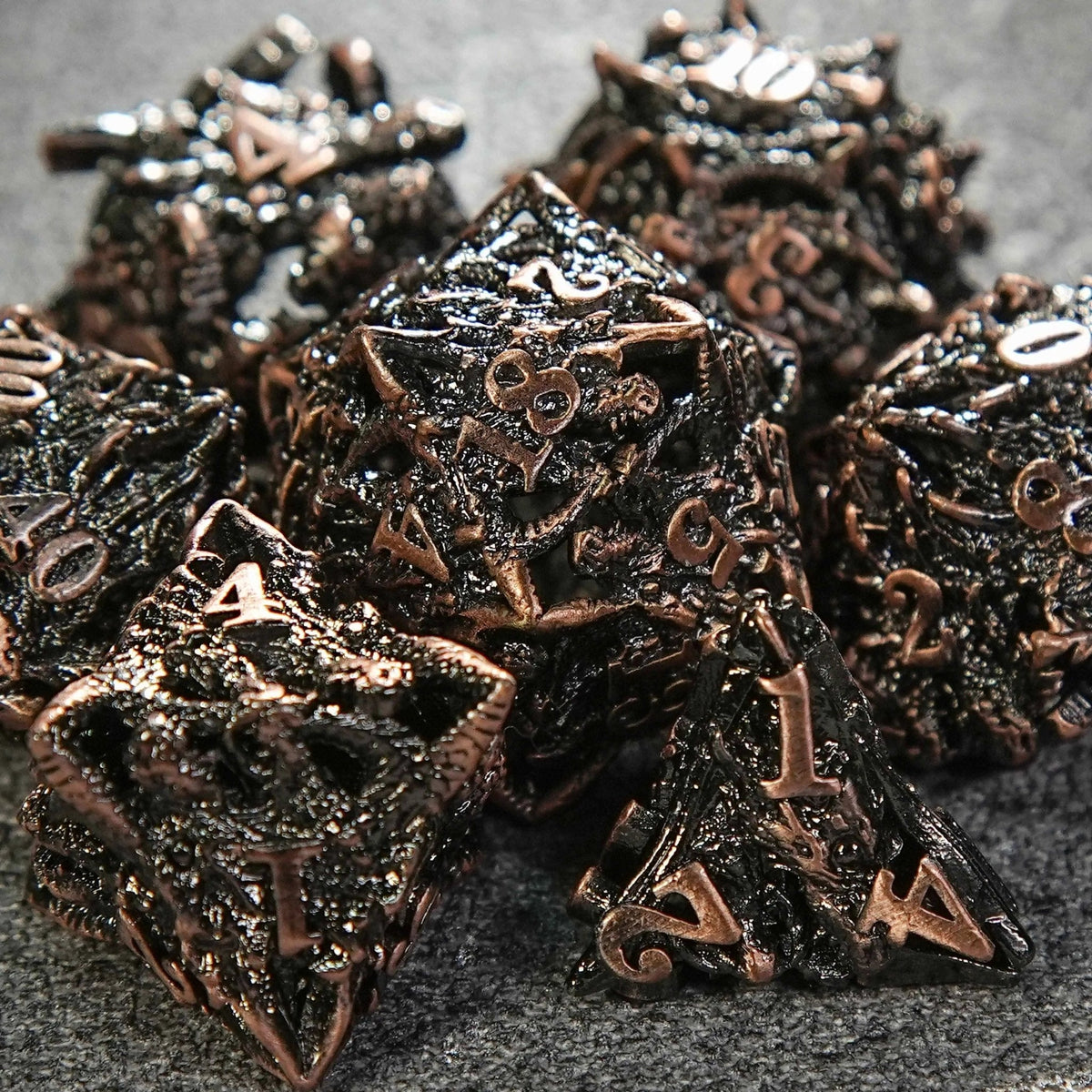 Skeleton Metal DND Dice Set – Dragon Head – Copper Metal Hollow 3D Dragon Head Dice Set