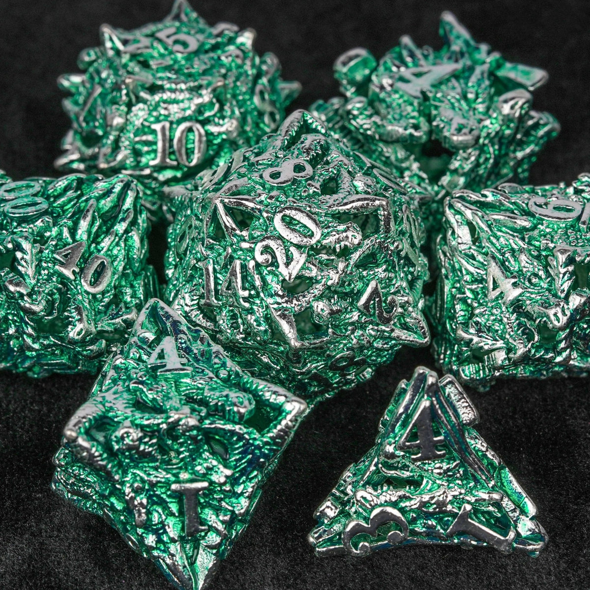 Skeleton Metal DND Dice Set – Multi Sided – Irregular Skeleton Metal Dragon Polyhedron DND Dice Set + Silver Green