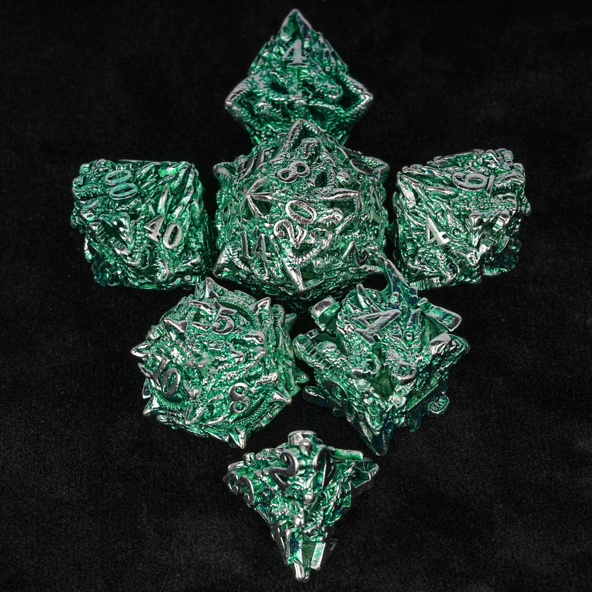 Skeleton Metal DND Dice Set – Multi Sided – Irregular Skeleton Metal Dragon Polyhedron DND Dice Set + Silver Green