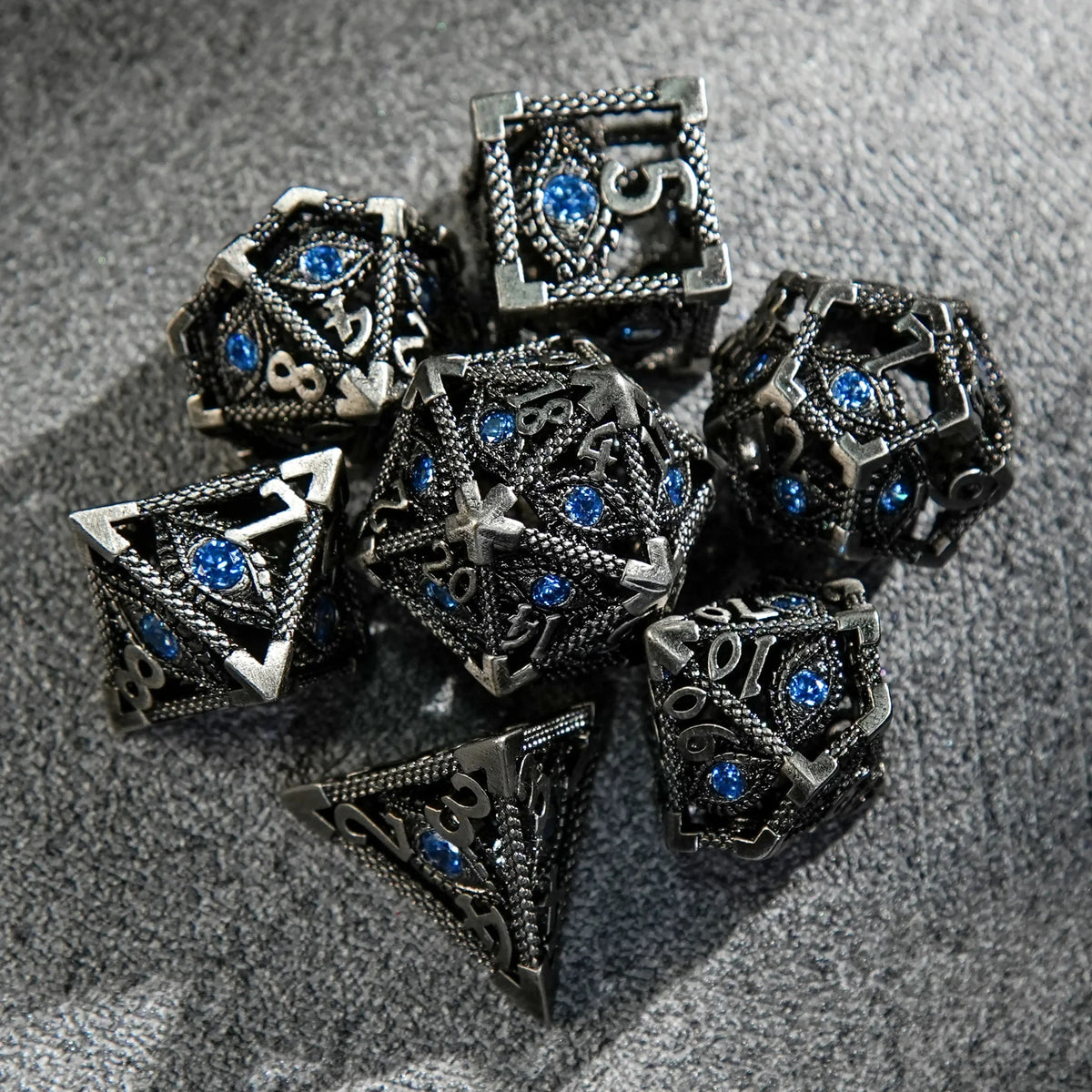 Skeleton Metal DND Dice Set – Sapphire Cutout – Dark Elves - Sapphire Dragon's Eye Skeleton Metal DND Dice Set